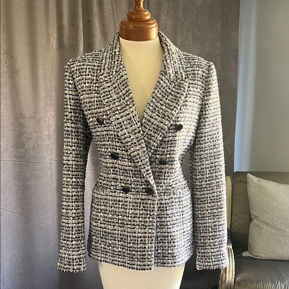 Elegant Navy, Blue and White Tweed Double-Breasted Jacket